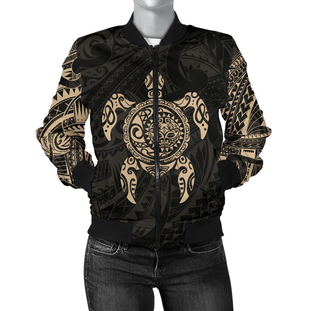 New Zealand Women Bomber Jacket, Maori Turtle Tattoo - Gold - Vibe Hoodie Shop