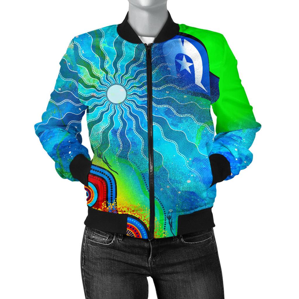 Women's Bomber Jacket - Torres Strait Islanders Flag with Aboriginal Patterns Jacket - Vibe Hoodie Shop