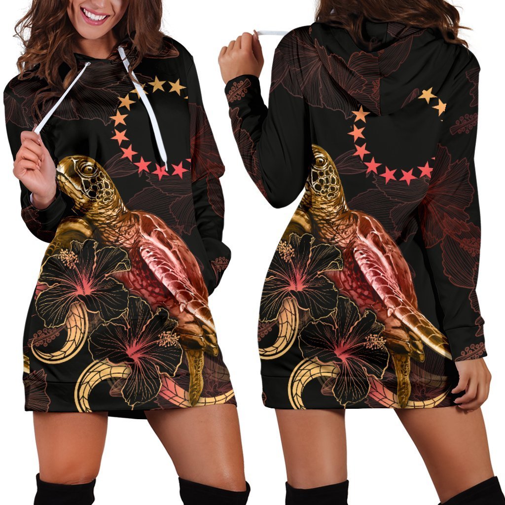 Cook Islands Polynesian Hoodie Dress - Turtle With Blooming Hibiscus Gold - Vibe Hoodie Shop