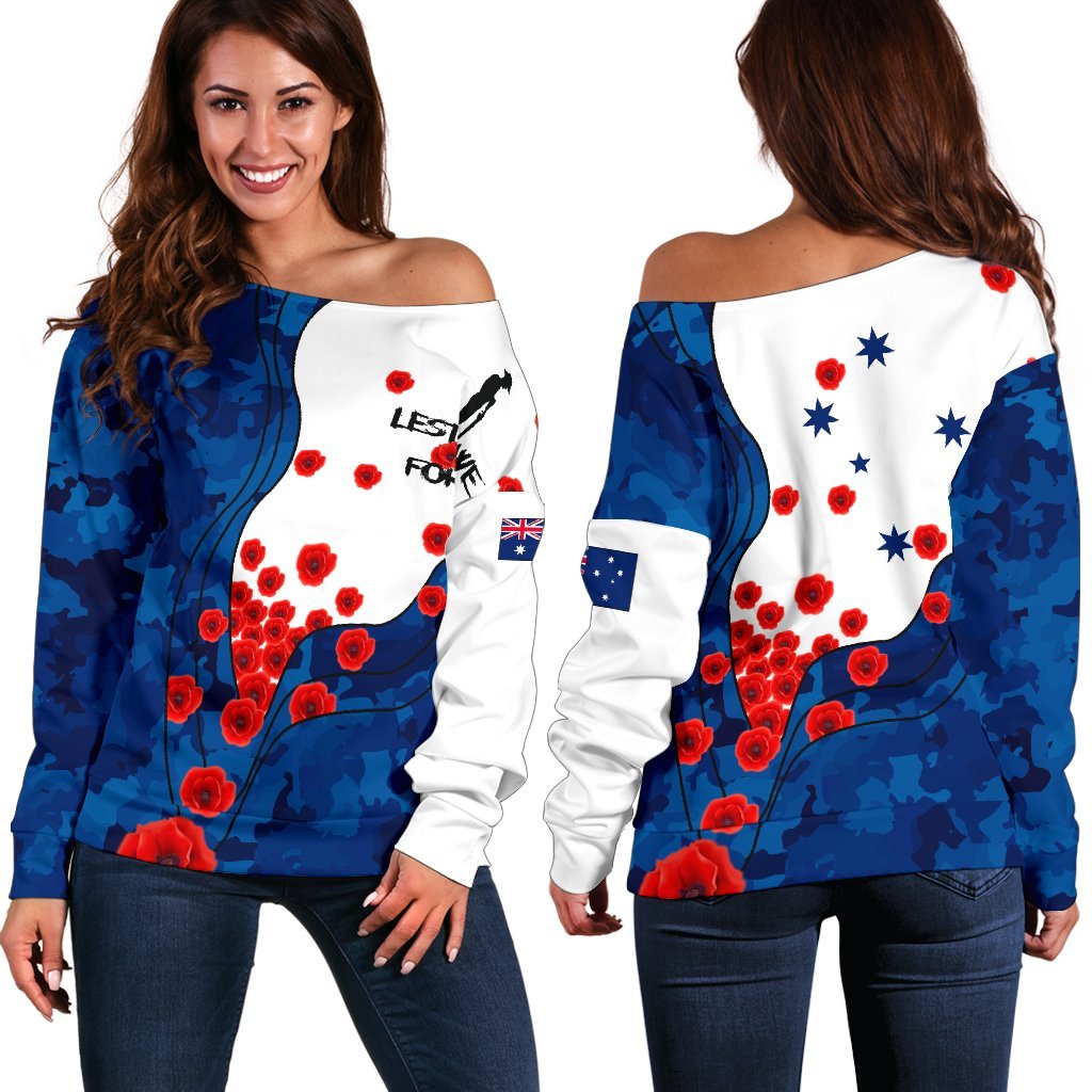 ANZAC Lest We Forget Women's Off Shoulder Sweater - Australian Flag Blue - - Vibe Hoodie Shop