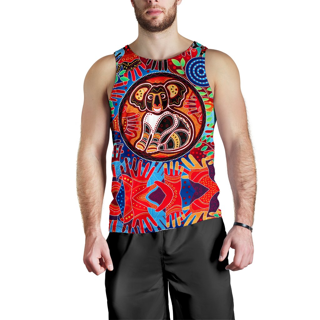 Aboriginal Men's Tank Top, Koala and Hand Art Dot Painting Mens Tank - Vibe Hoodie Shop