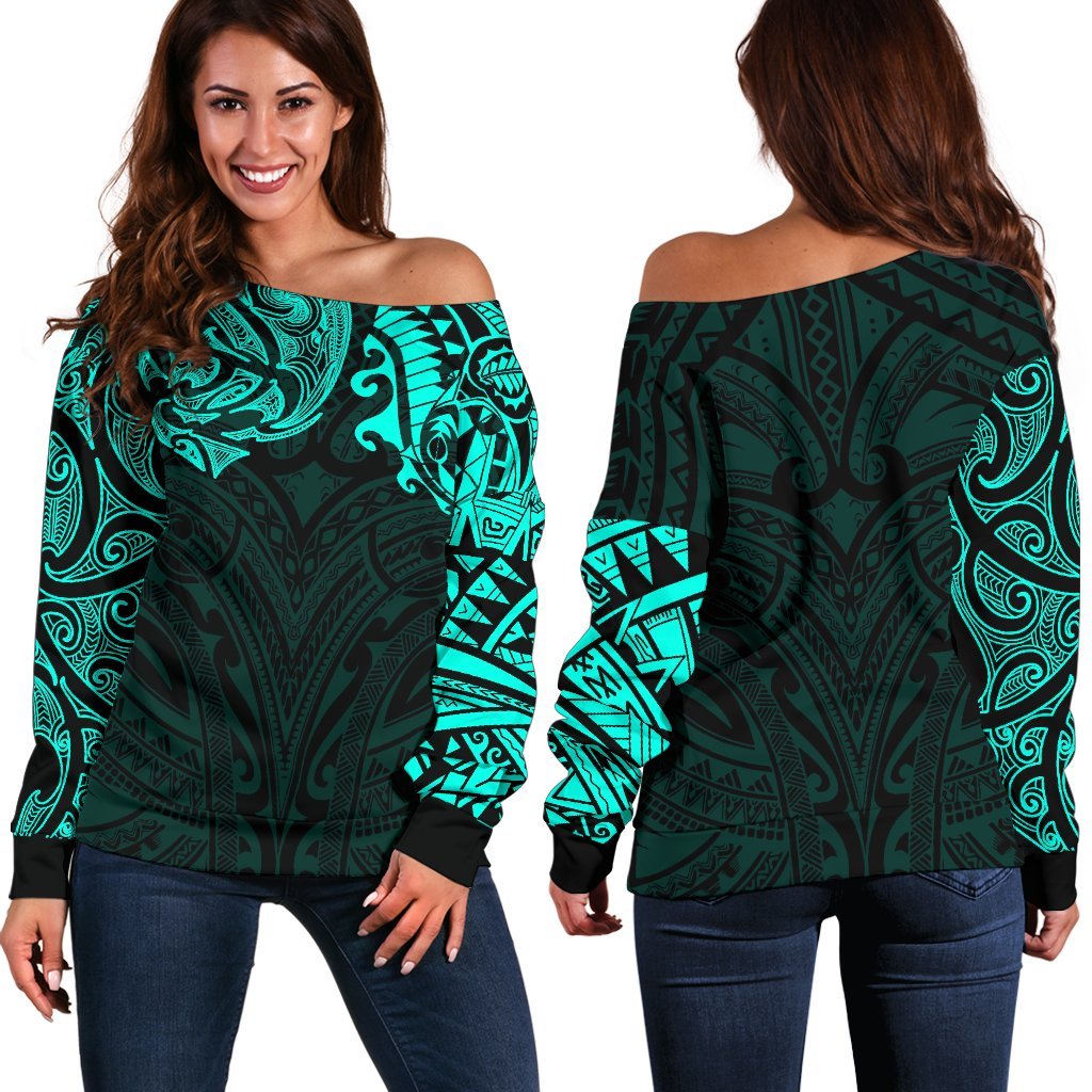 New Zealand Women's Off Shoulder Sweater, Maori Polynesian Tattoo Turquoise - Vibe Hoodie Shop