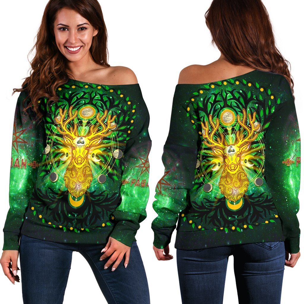 Celtic Pagan Deer Women's Off Shoulder Sweater - Moon Phases Deer with Tree of Life - Vibe Hoodie Shop