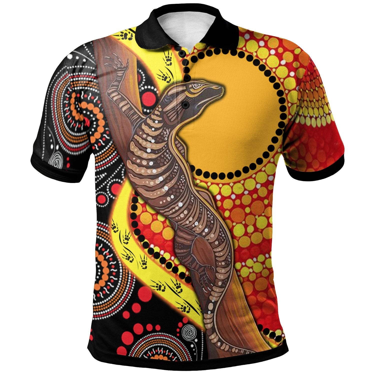 Polo Shirt - Australian Aboriginal Dot Painting Sun and Lizard - Vibe Hoodie Shop