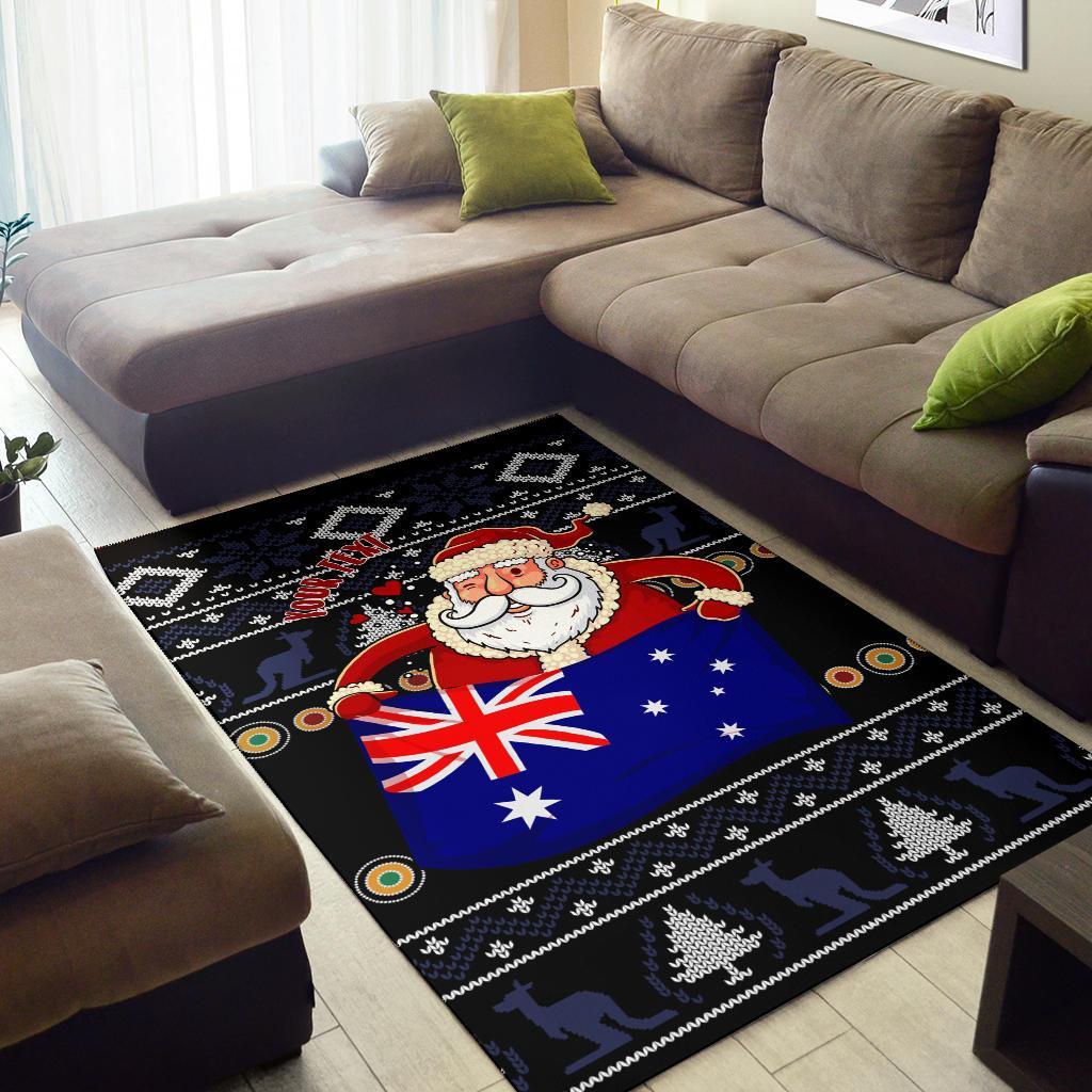 Christmas Personalised Area Rug - Australia Santa Claus Hold The Flag (Black) - Vibe Hoodie Shop