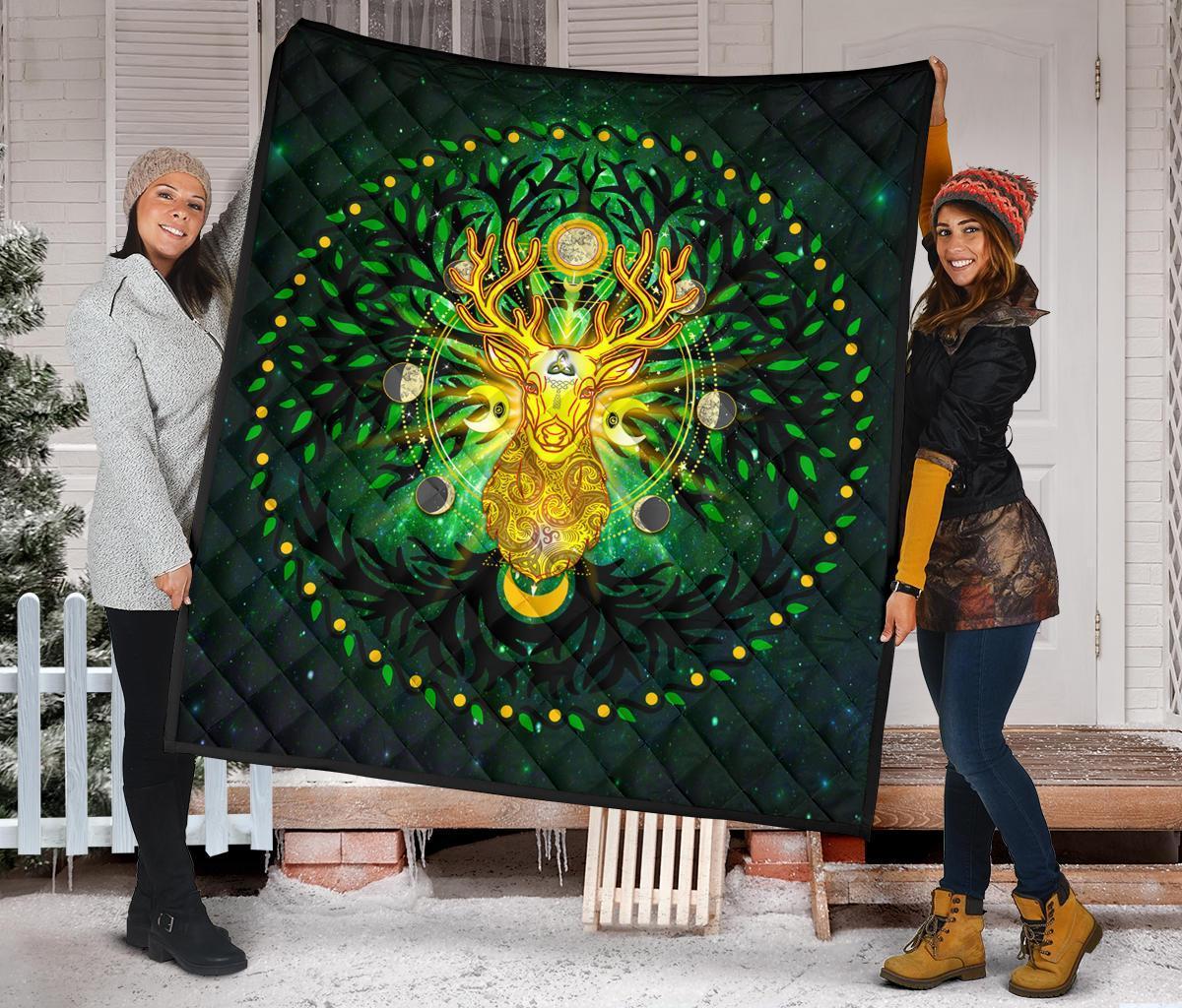 Celtic Pagan Deer Premium Quilt - Moon Phases Deer with Tree of Life - Vibe Hoodie Shop