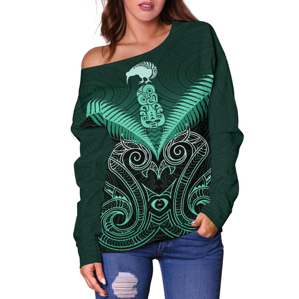 Maori Manaia New Zealand Off Shoulder Sweater Turquoise - Vibe Hoodie Shop