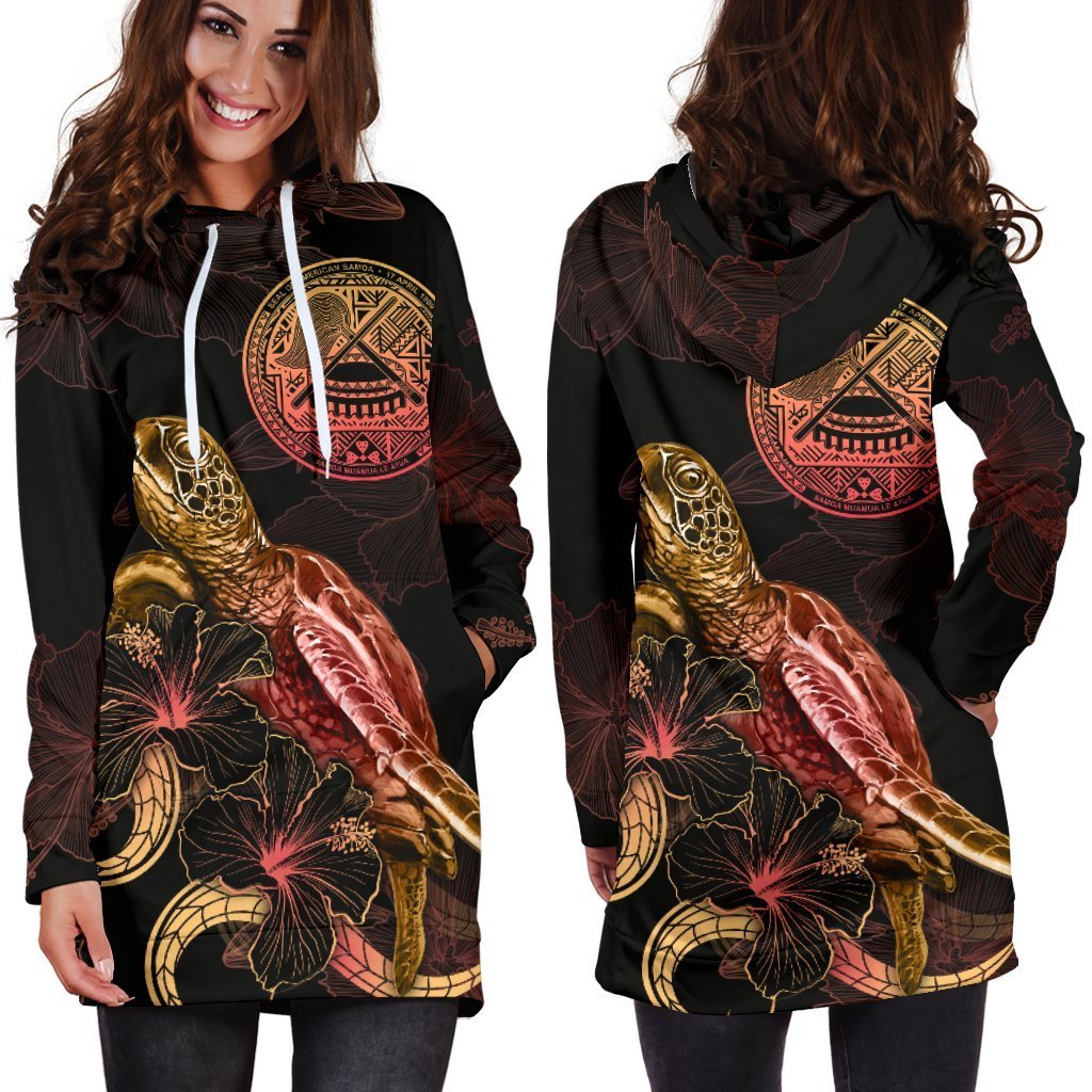 American Samoa Polynesian Hoodie Dress - Turtle With Blooming Hibiscus Gold - Vibe Hoodie Shop