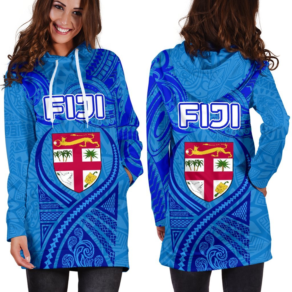 Blue Women Hoodie Dress Fiji Rugby Polynesian Waves Style - Vibe Hoodie Shop