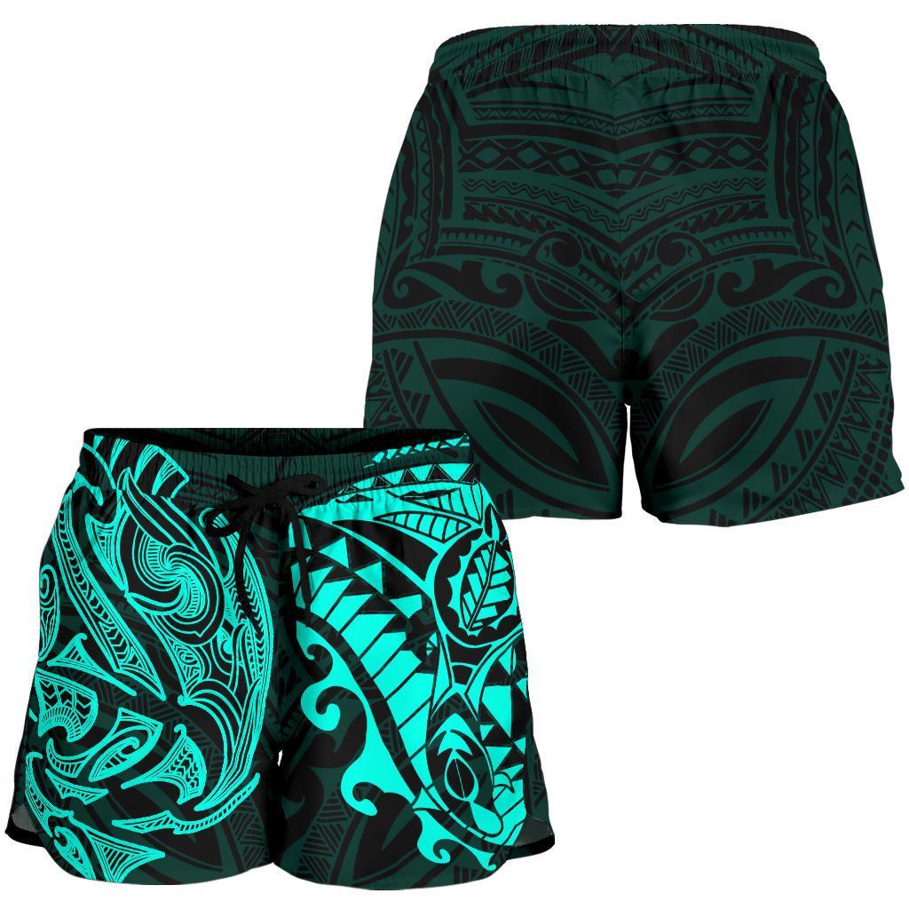 new-zealand-all-over-print-womens-shorts-maori-polynesian-tattoo-turquoise