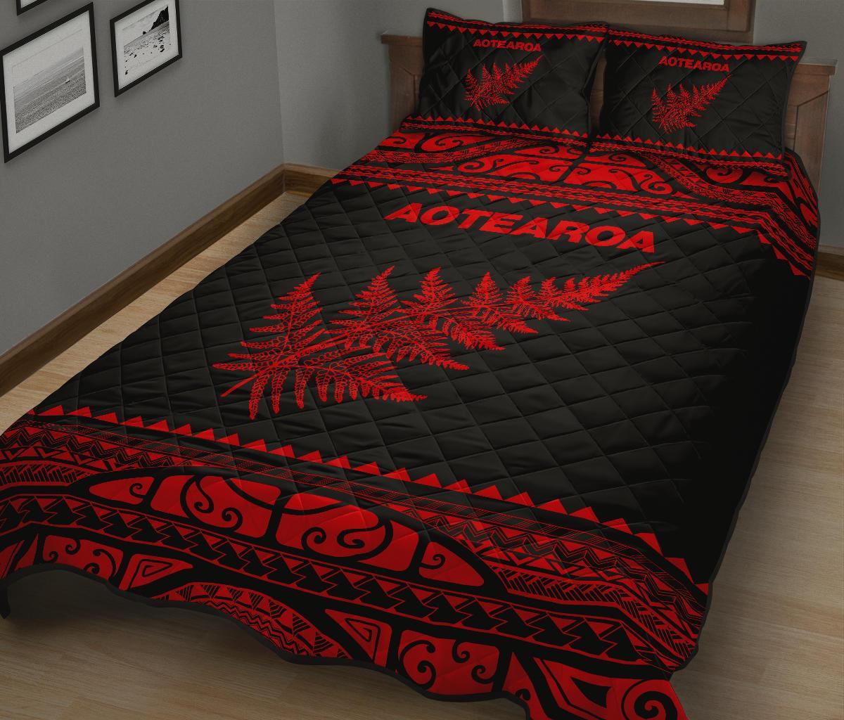 Aotearoa New Zealand Maori Quilt Bed Set Silver Fern Red - Vibe Hoodie Shop