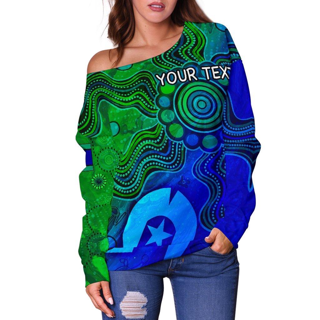 Custom Aboriginal Women's Off Shoulder Sweater, Torres Strait Islands Flag - Vibe Hoodie Shop