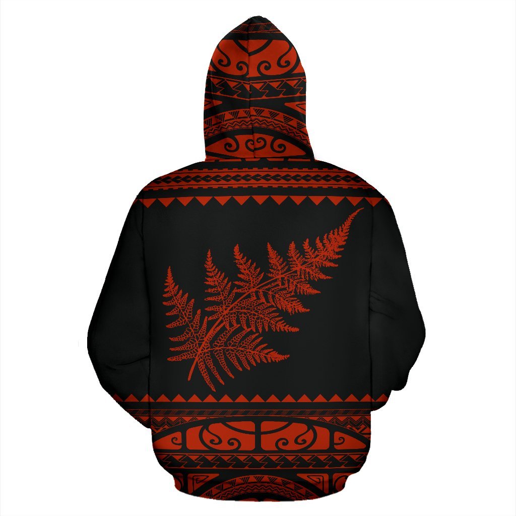 New Zealand Maori Zip Up Hoodie, Aotearoa Silver Fern Zipper Hoodie - Orange Red - Vibe Hoodie Shop