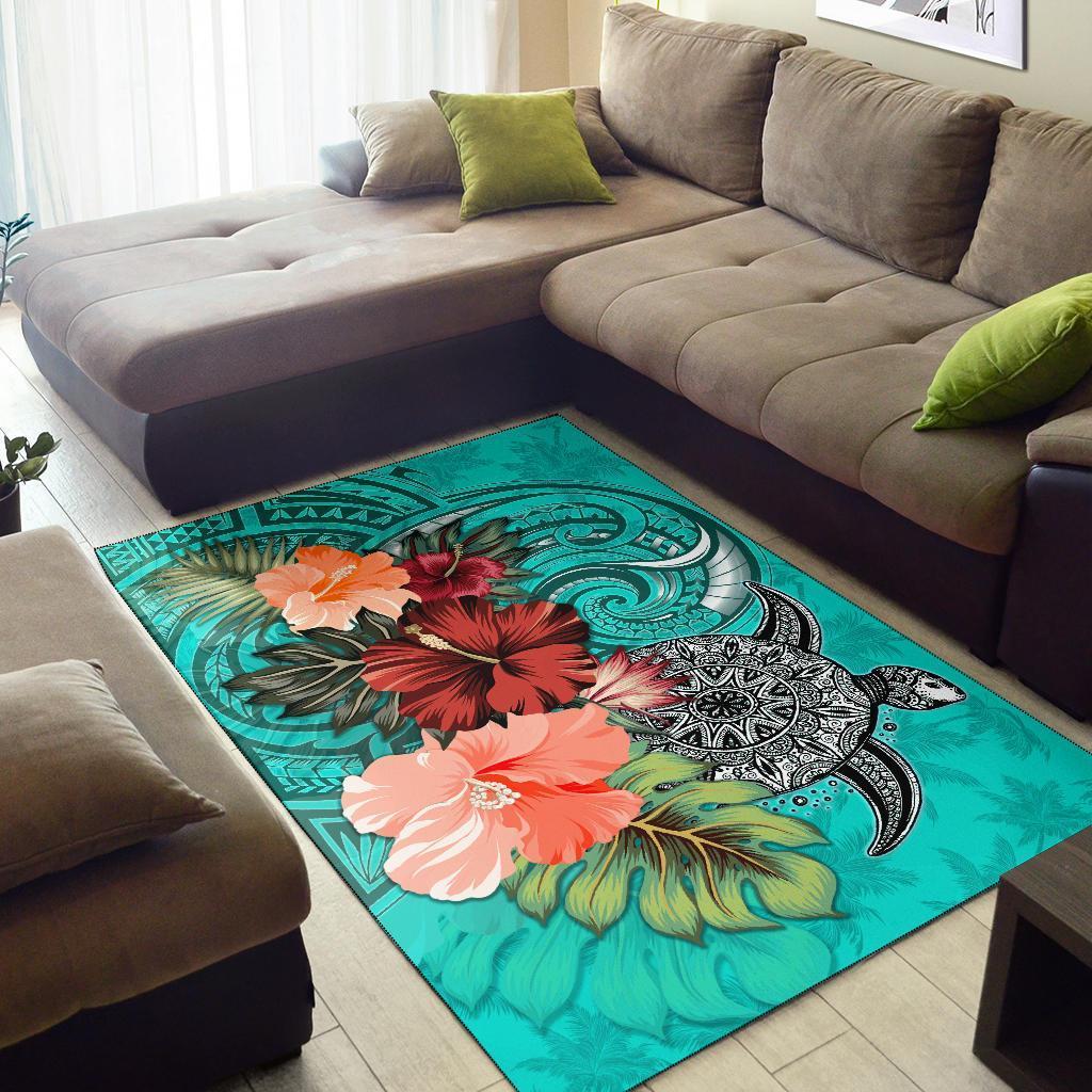 Turtle Polynesian Area Rug Hibiscus Polynesian Turquoise - Vibe Hoodie Shop