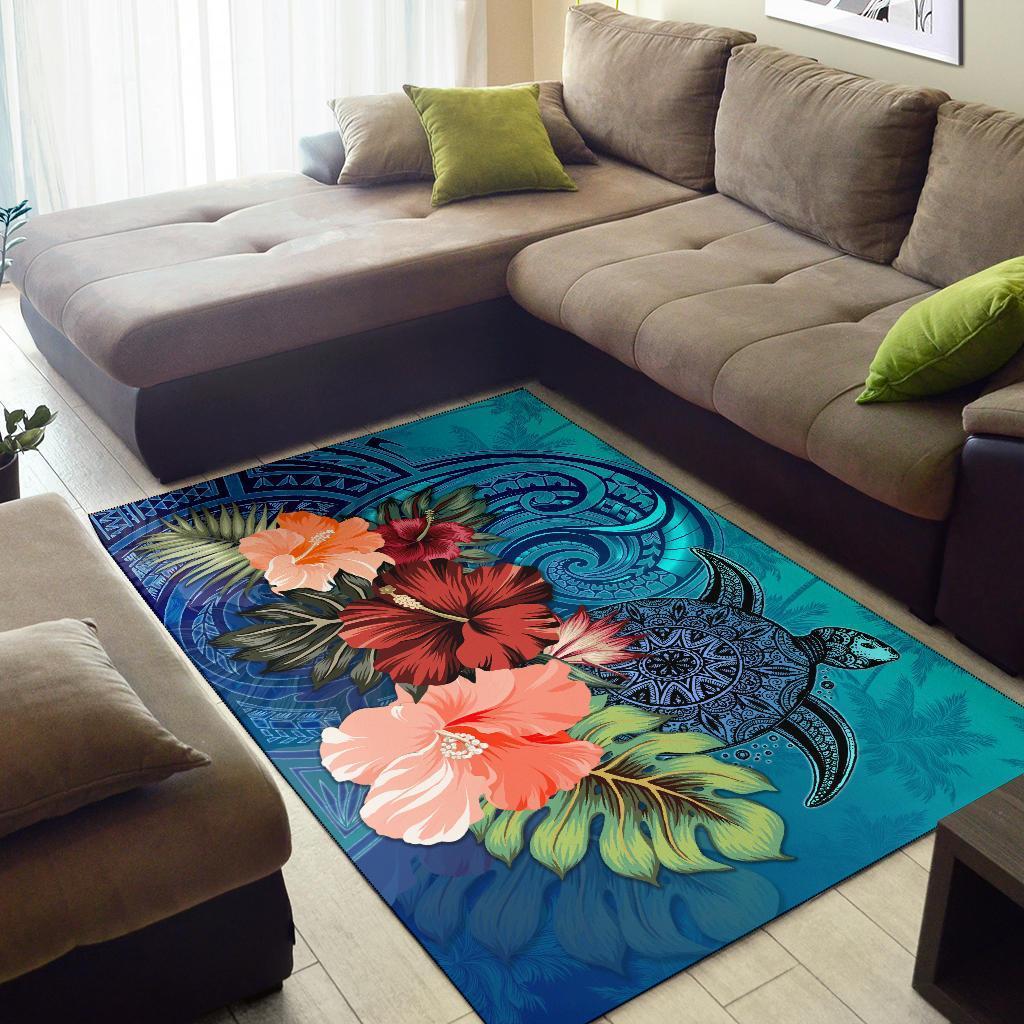 Turtle Polynesian Area Rug Hibiscus Polynesian Blue - Vibe Hoodie Shop