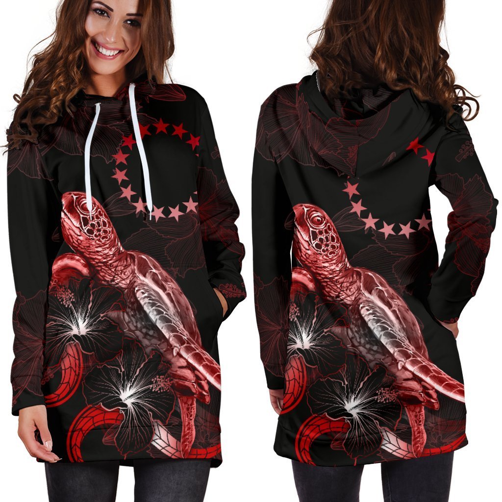 Cook Islands Polynesian Hoodie Dress - Turtle With Blooming Hibiscus Red - Vibe Hoodie Shop