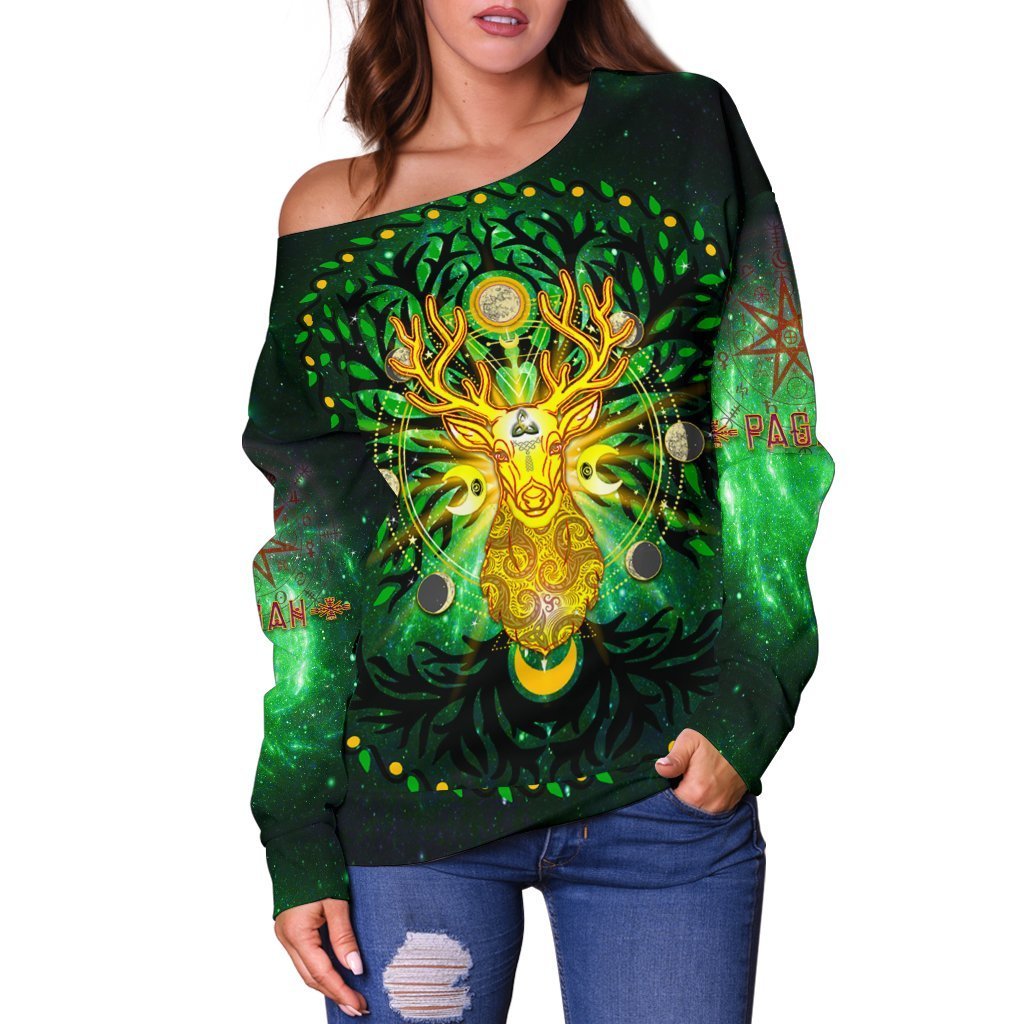 Celtic Pagan Deer Women's Off Shoulder Sweater - Moon Phases Deer with Tree of Life - Vibe Hoodie Shop