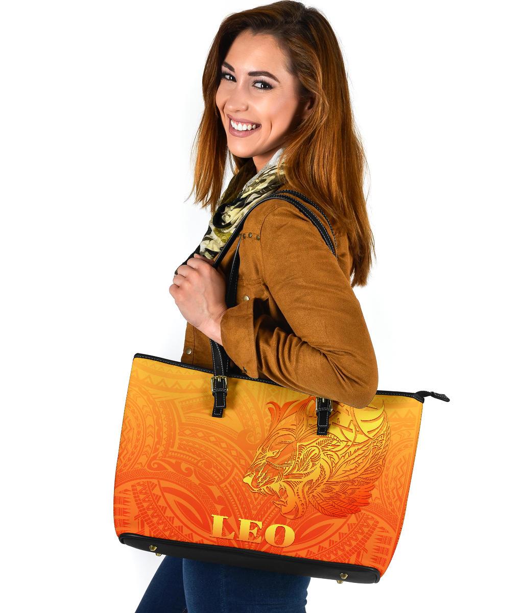 sun-in-leo-zodiac-large-leather-tote-polynesian-tattoo-simple-orange