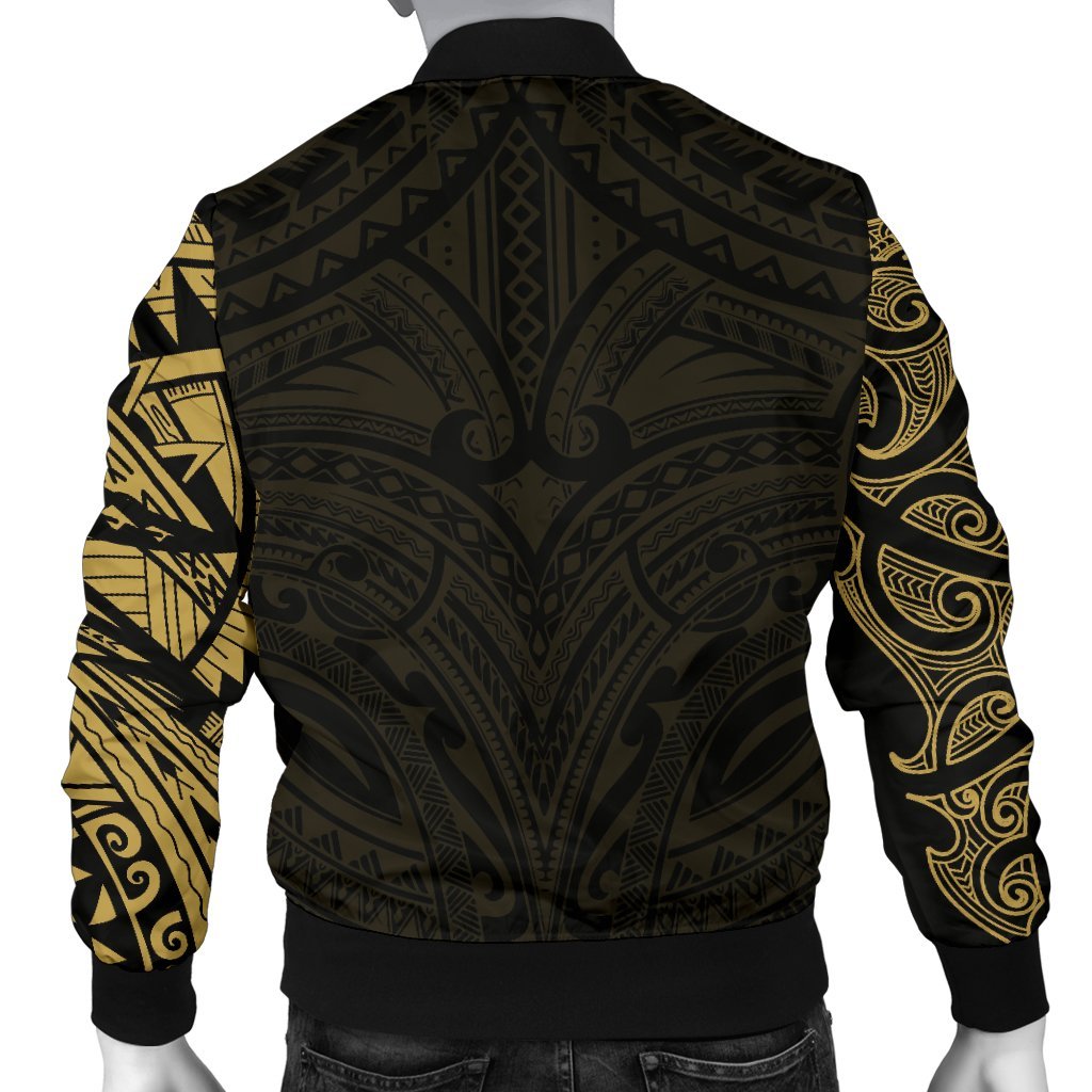 New Zealand Men's Bomber Jacket, Maori Polynesian Tattoo Gold - Vibe Hoodie Shop