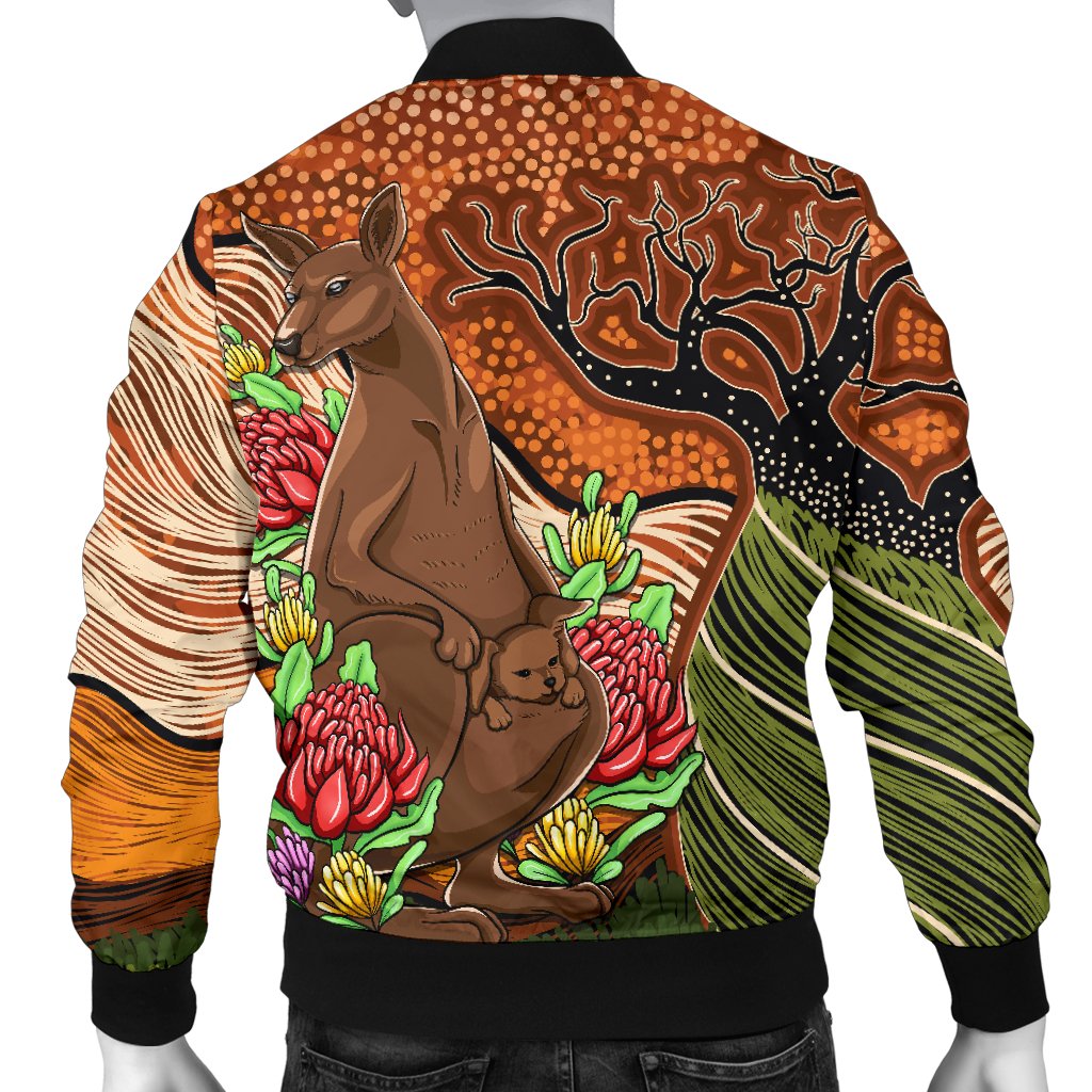 Aboriginal Men's Bomber Jacket - Kangaroo With Indigenous Tree - Vibe Hoodie Shop