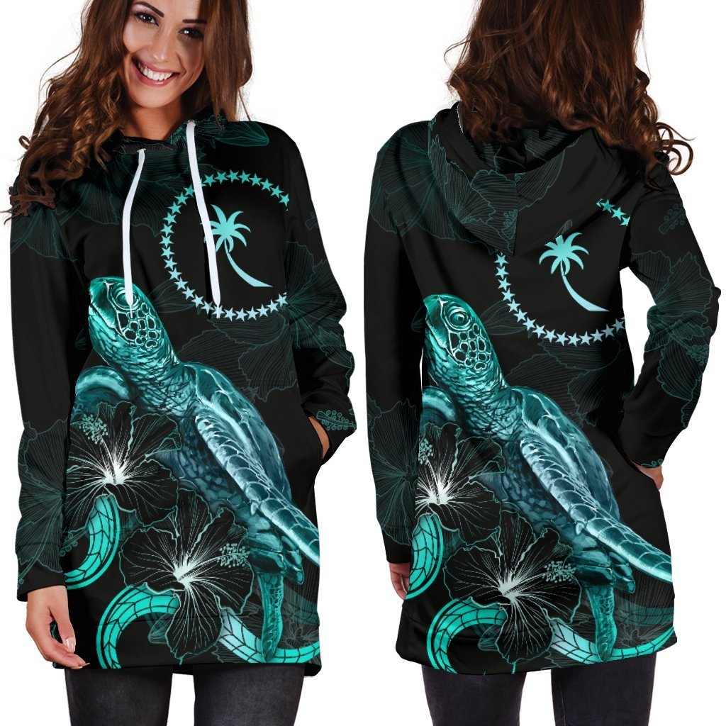 Chuuk Polynesian Hoodie Dress - Turtle With Blooming Hibiscus Turquoise - Vibe Hoodie Shop