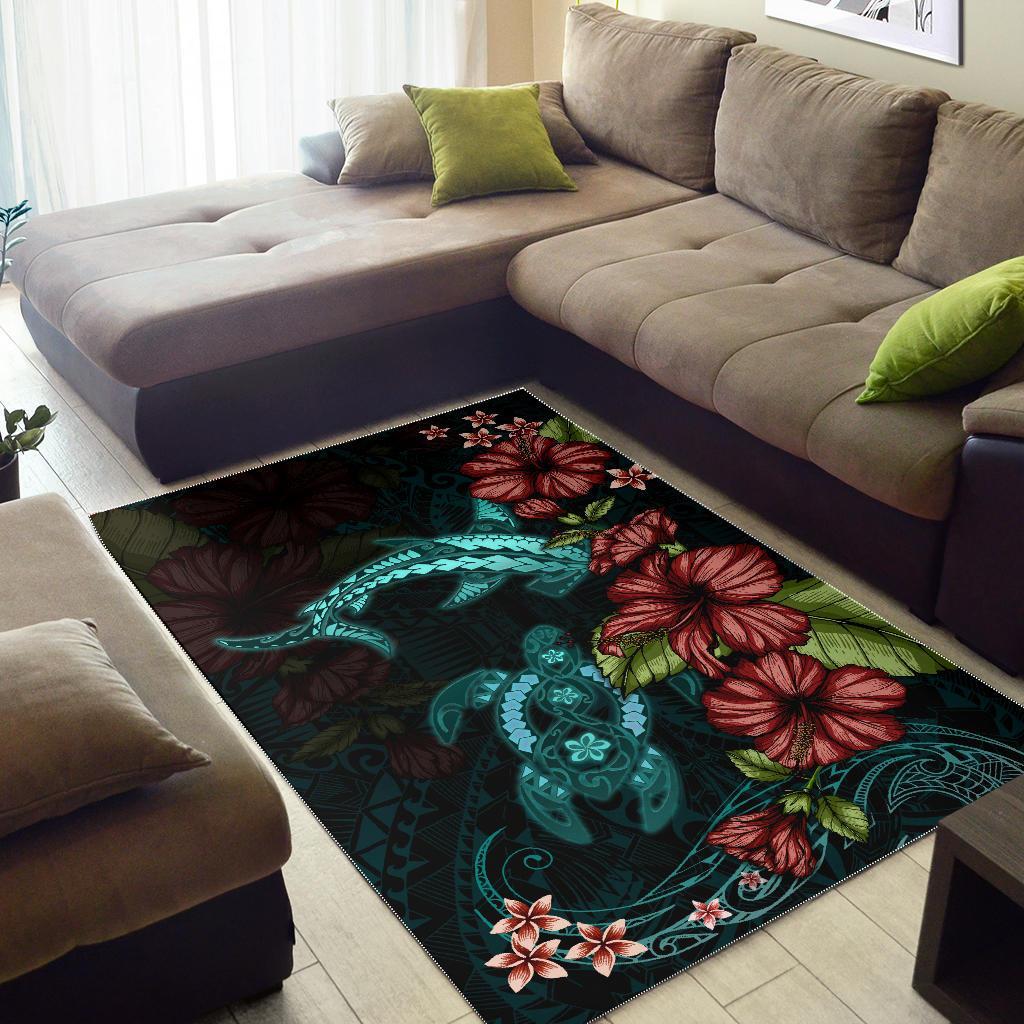 Polynesian Area Rug Turtle And Shark - Hibiscus Turquoise - Vibe Hoodie Shop