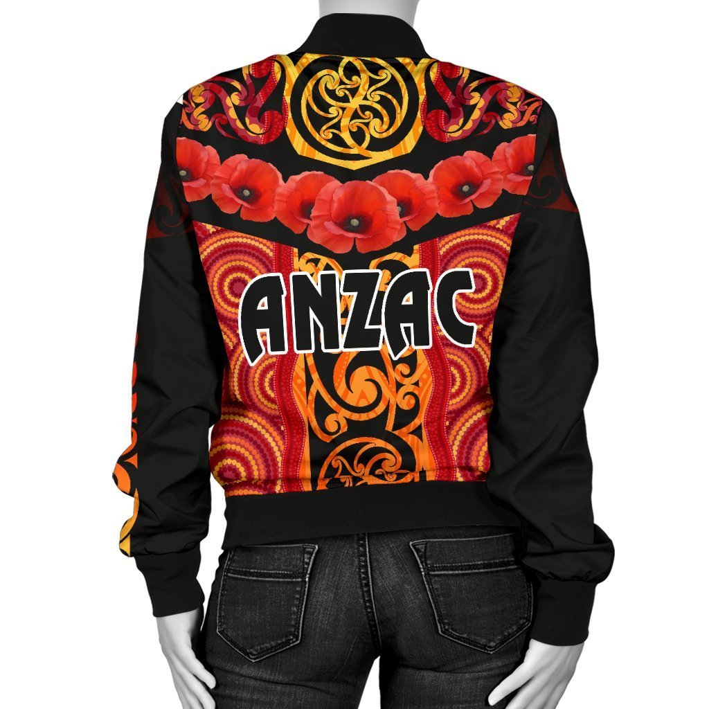 ANZAC Lest We Forget Poppy Women Bomber Jacket New Zealand Maori Silver Fern - Australia Aboriginal - Vibe Hoodie Shop