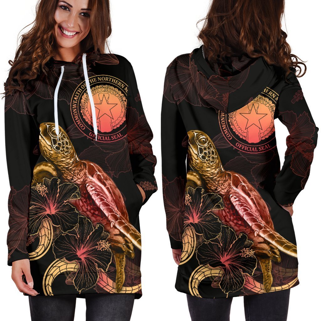 CNMI Polynesian Hoodie Dress - Turtle With Blooming Hibiscus Gold - Vibe Hoodie Shop