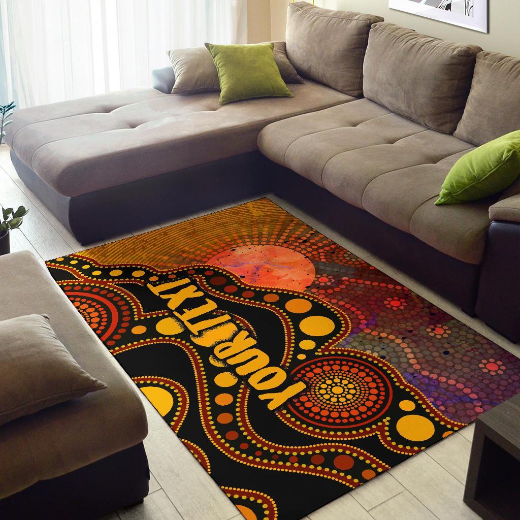 Custom Text Aboriginal Area Rug - Australia Indigenous Flag Circle Dot Painting Art (Golden) - Vibe Hoodie Shop