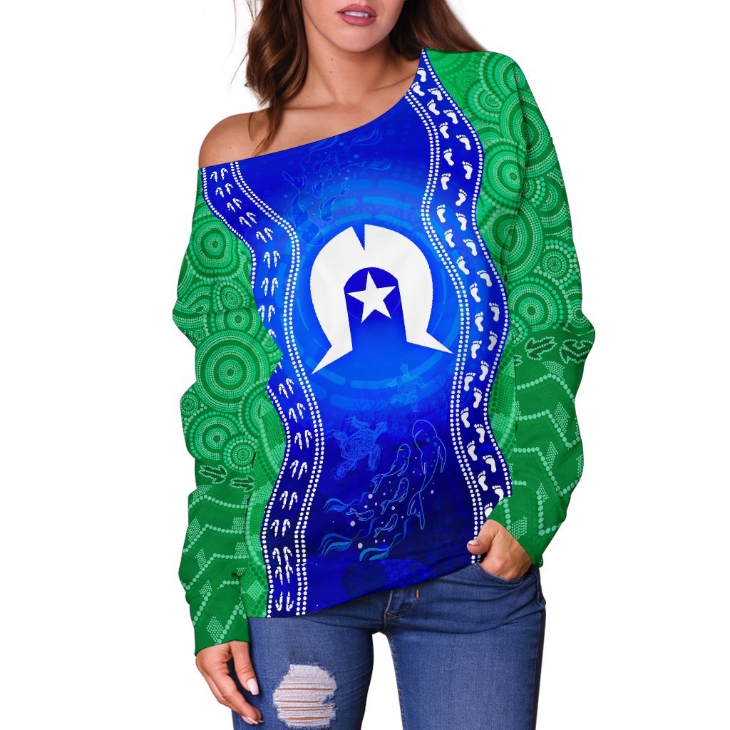 Torres Strait Islanders Women's Off Shoulder Sweater - Torres Symbol With Aboriginal Patterns - Vibe Hoodie Shop