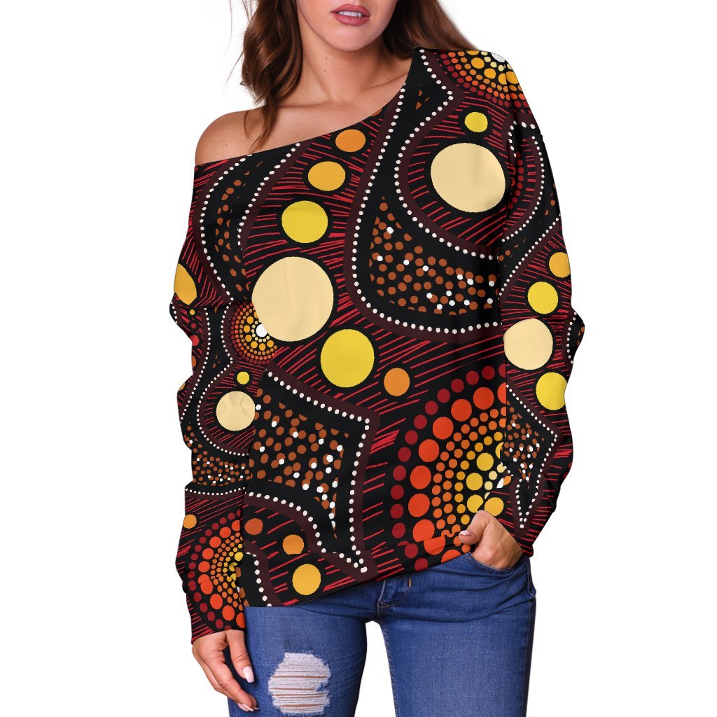 Aboriginal Women's Off Shoulder Sweater - Aboriginal Art Ver01 - Vibe Hoodie Shop