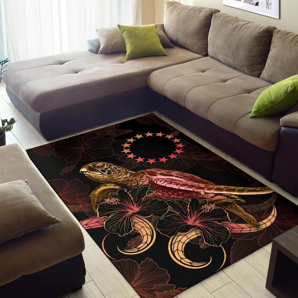 Cook Islands Polynesian Area Rugs - Turtle With Blooming Hibiscus Gold - Vibe Hoodie Shop