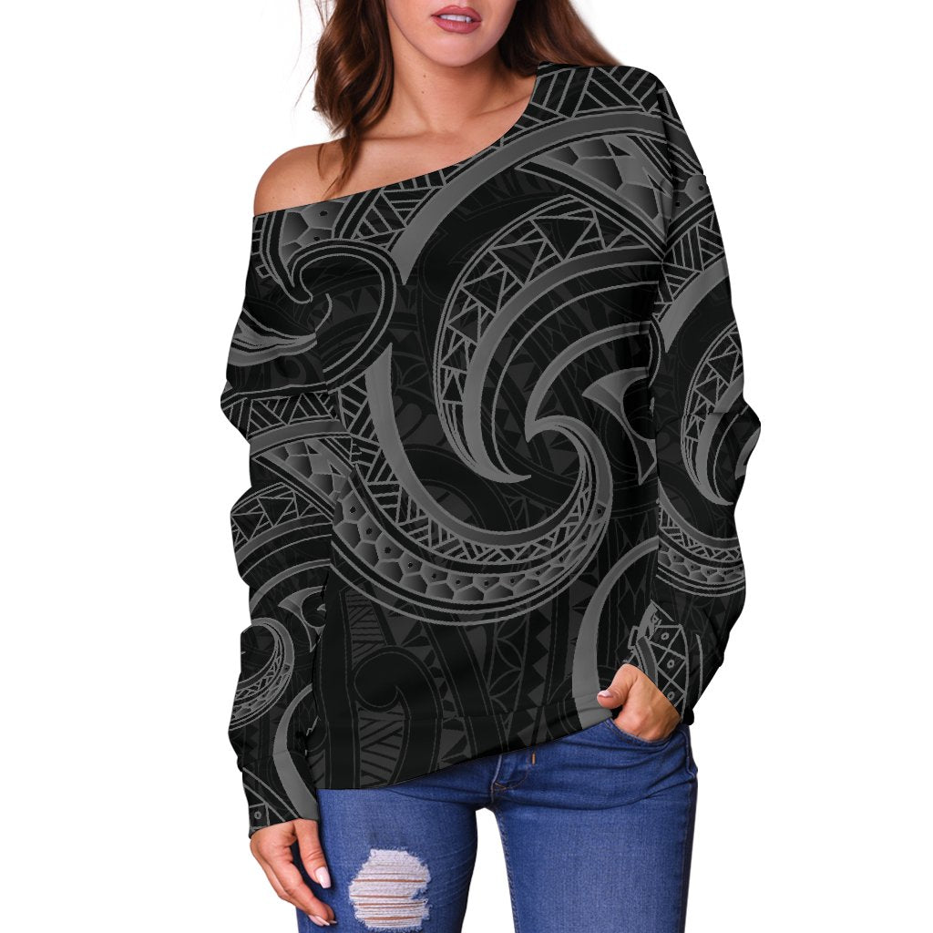 New Zealand Maori Mangopare Women Off Shoulder Sweater Polynesian - Black - Vibe Hoodie Shop