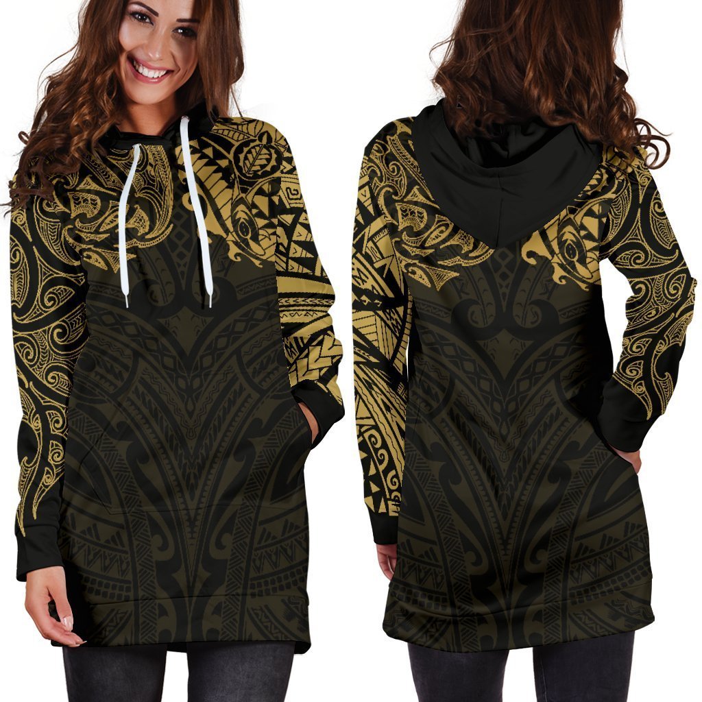 New Zealand Women's Hoodie Dress, Maori Polynesian Tattoo Gold - Vibe Hoodie Shop