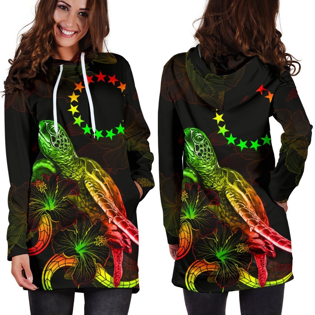 Cook Islands Polynesian Hoodie Dress - Turtle With Blooming Hibiscus Reggae - Vibe Hoodie Shop