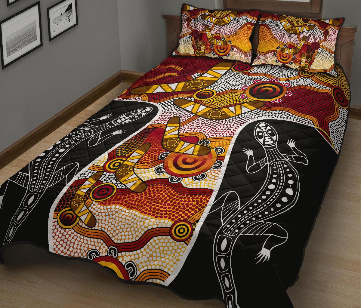 Aboriginal Quilt Cover Set, Dot Painting Lizard Boomerang Patterns - Vibe Hoodie Shop