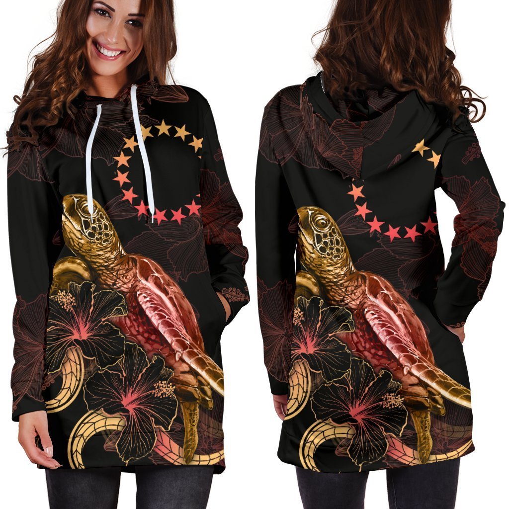 Cook Islands Polynesian Hoodie Dress - Turtle With Blooming Hibiscus Gold - Vibe Hoodie Shop