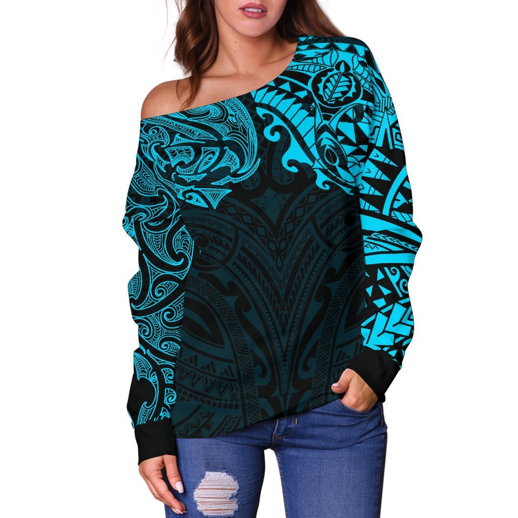 New Zealand Women's Off Shoulder Sweater, Maori Polynesian Tattoo Blue - Vibe Hoodie Shop