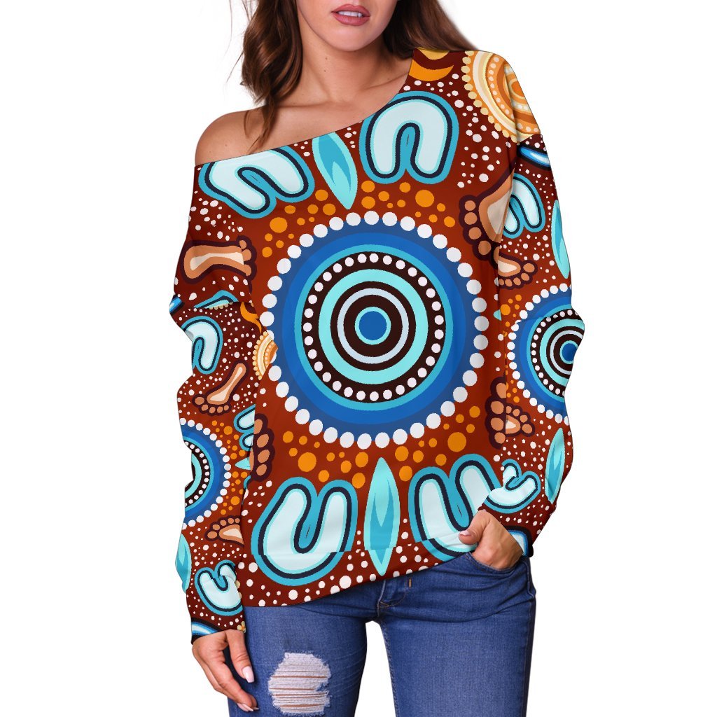 Aboriginal Women's Off Shoulder Sweater - Indigenous Circle Dot Painting Ver02 - Vibe Hoodie Shop