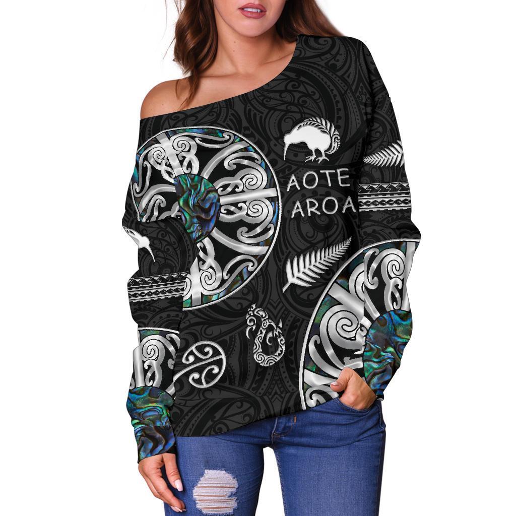 New Zealand Aotearoa Women Off Shoulder Sweater, Maori Mangopare Paua Shell - Vibe Hoodie Shop