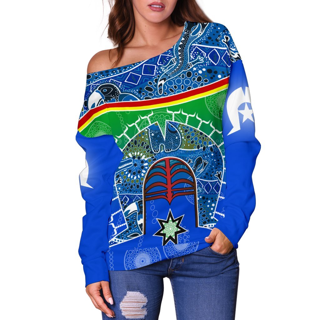 Women's Off Shoulder - Torres Strait Symbol With Aboriginal Patterns - Vibe Hoodie Shop