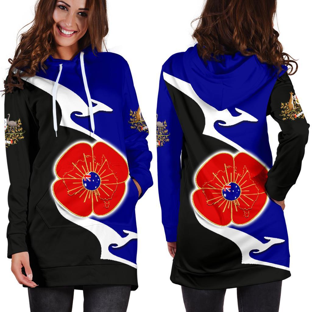 ANZAC Hoodie Dress - Lest We Forget Poppy Map Kangaroo Blue - Vibe Hoodie Shop