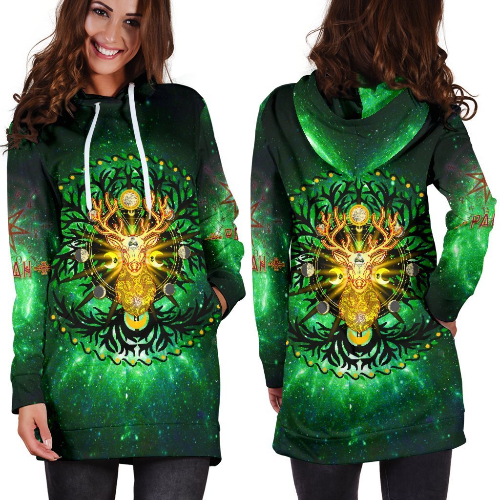 Celtic Pagan Deer Women's Hoodie Dress - Moon Phases Deer with Tree of Life - Vibe Hoodie Shop