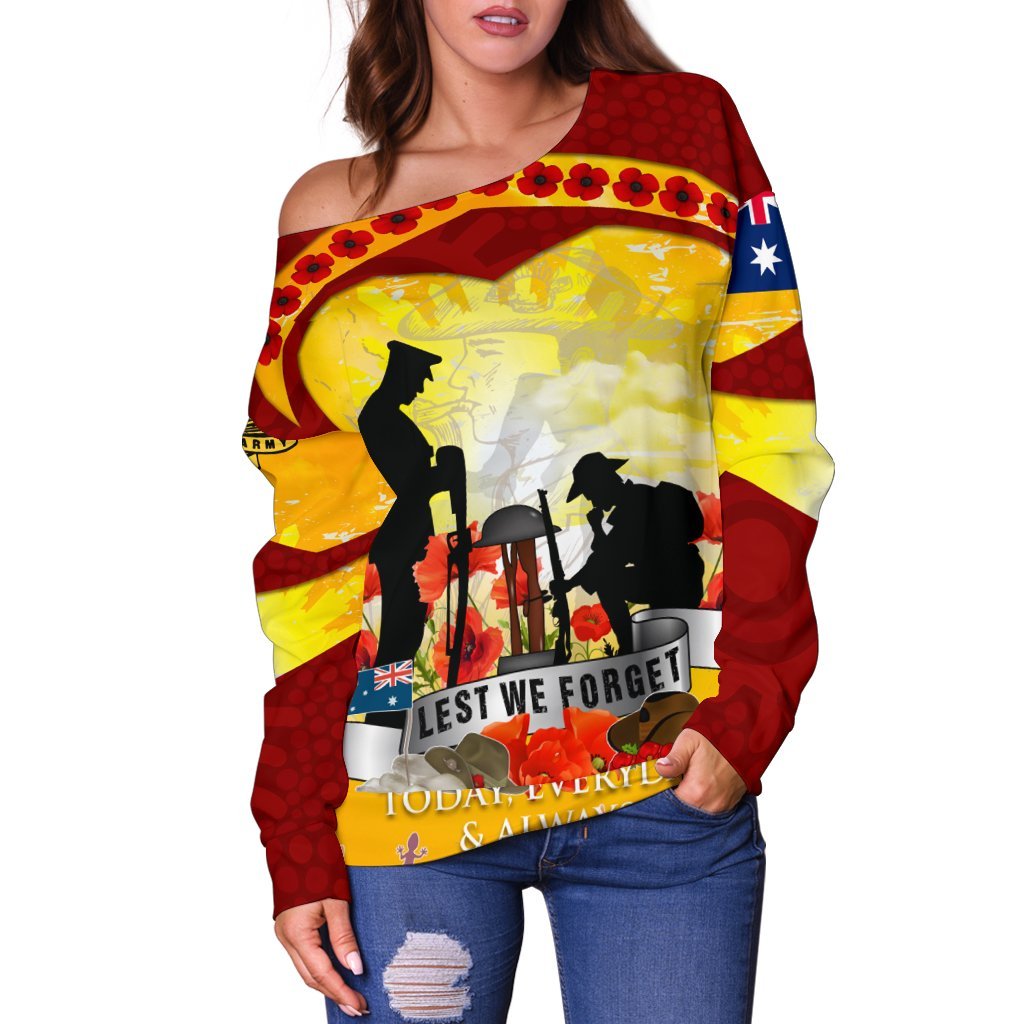 ANZAC Women's Off Shoulder Sweater - Lest We Forget Aboriginal Version - Vibe Hoodie Shop