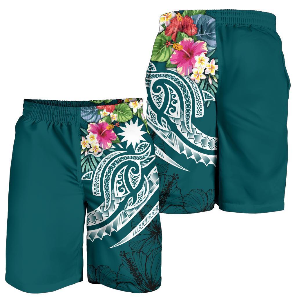 Nauru Polynesian Men's Shorts - Summer Plumeria (Turquoise) - Vibe Hoodie Shop