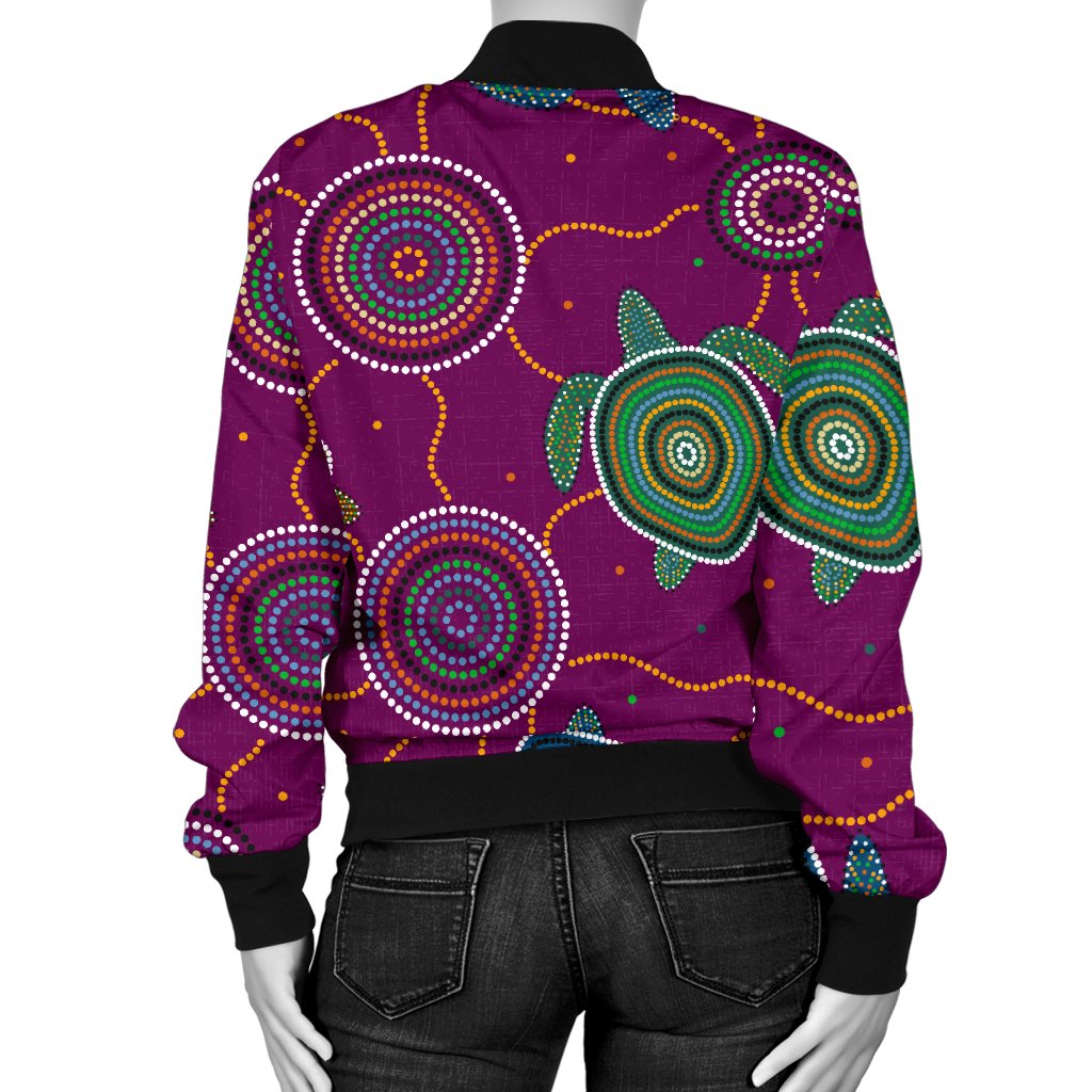Women Bomber Jacket - Aboriginal Turtle Purple Australia Dot Patterns - Vibe Hoodie Shop