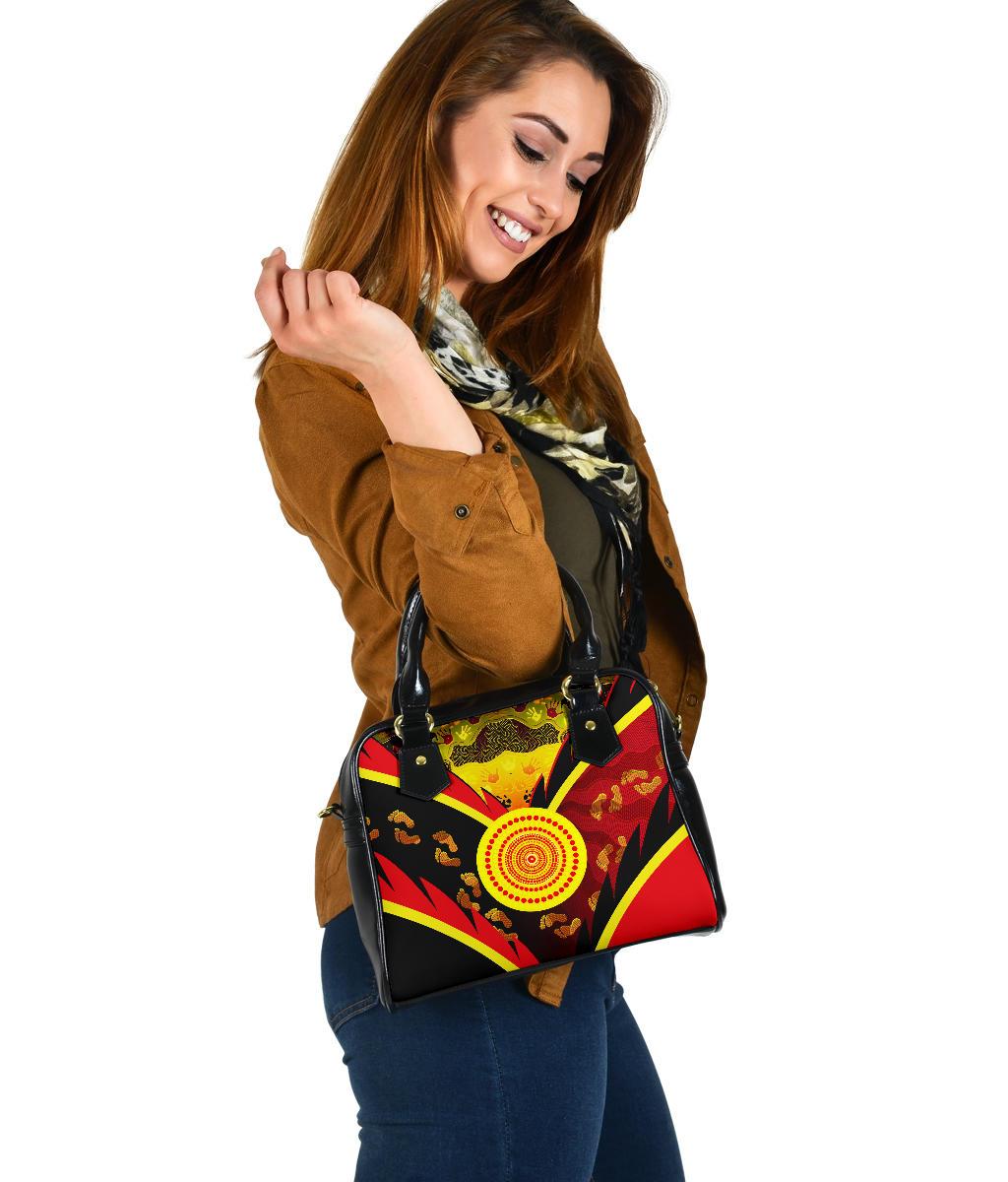 Aboriginal Shoulder Handbag - Indigenous Flag With Footprint Hand Art - Vibe Hoodie Shop