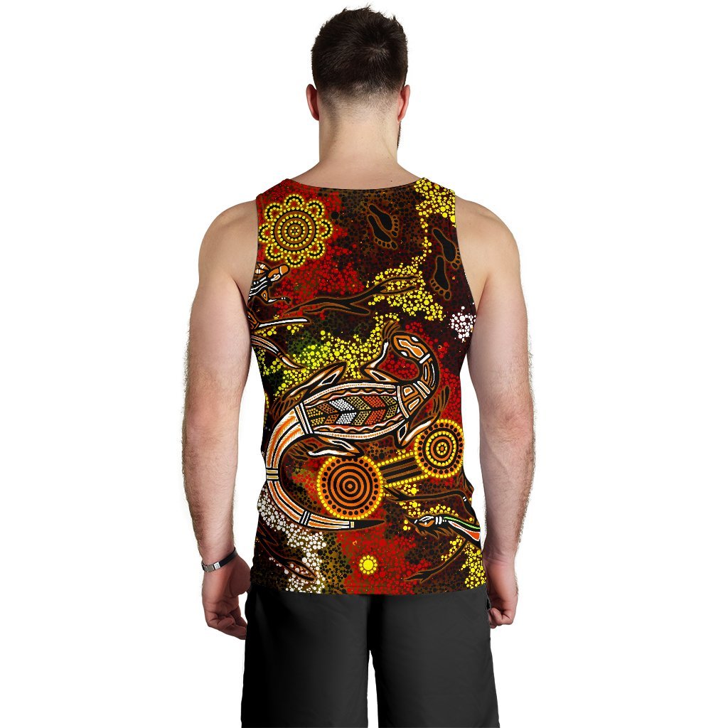 Aboriginal Men's Tank Top, Kangaroo and Lizard Dot Painting Art - Vibe Hoodie Shop