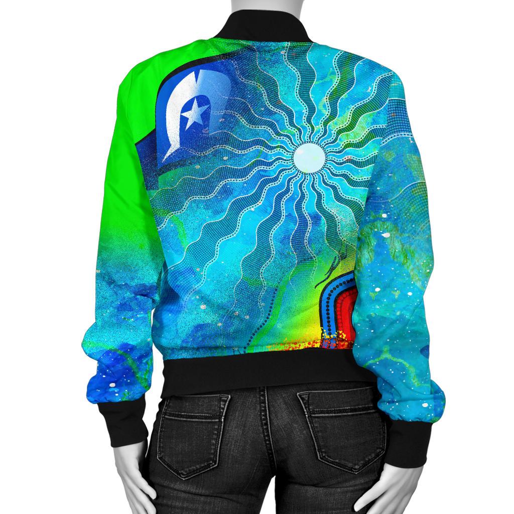 Women's Bomber Jacket - Torres Strait Islanders Flag with Aboriginal Patterns Jacket - Vibe Hoodie Shop