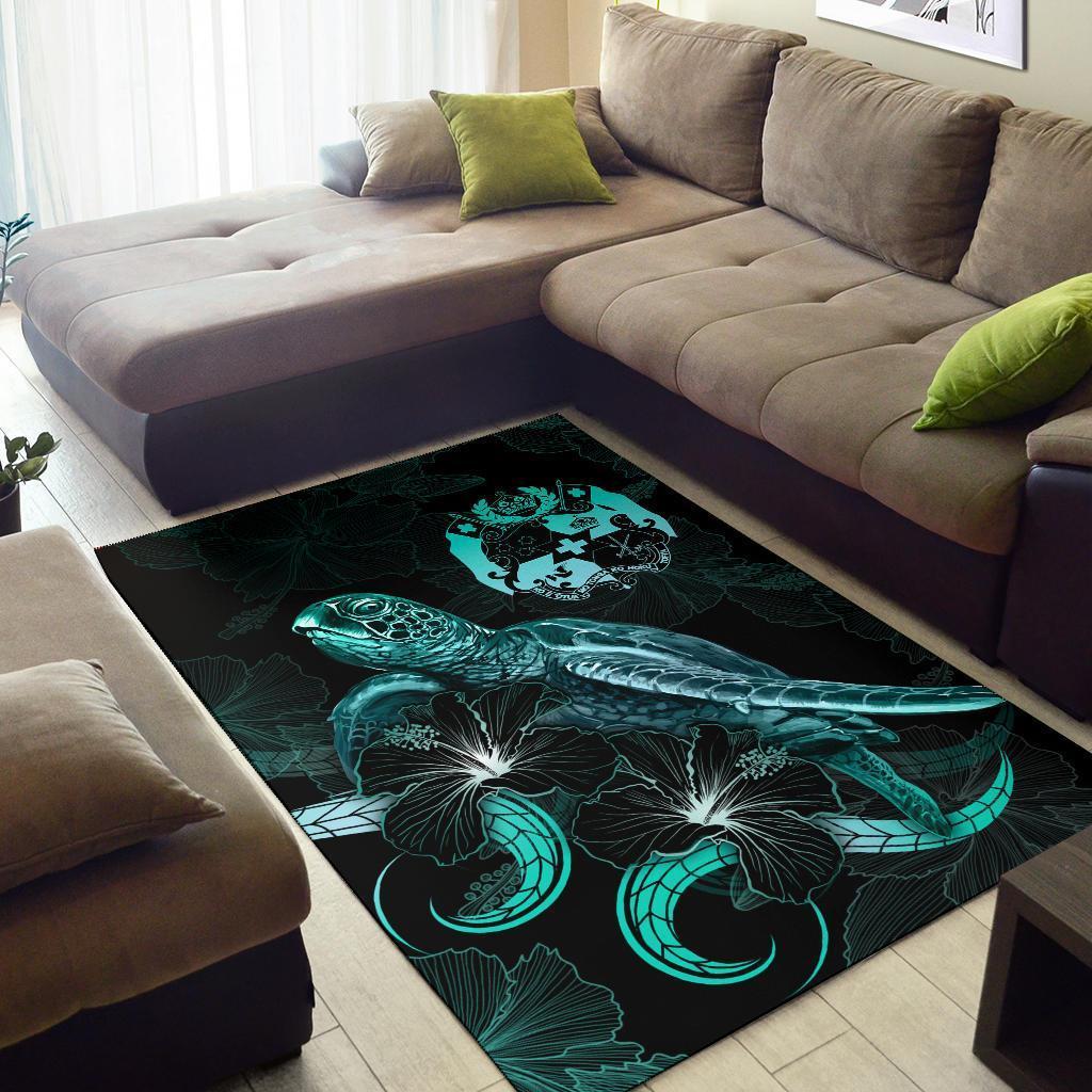 Tonga Polynesian Area Rugs - Turtle With Blooming Hibiscus Turquoise - Vibe Hoodie Shop